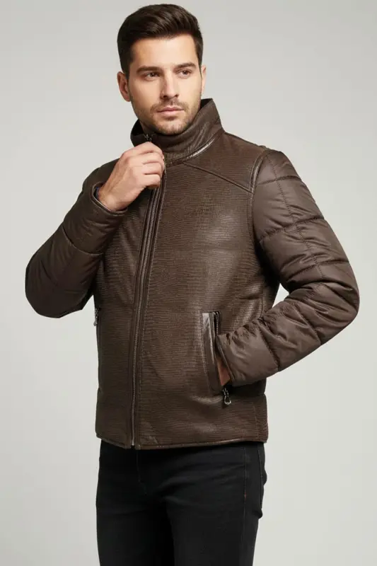 Kahve James Yaka Kürk Arka Beden ve Kollar Kapitone Kumaş Fermuarlı Astarsız Erkek Hakiki Deri Mont-Kahverengi - 2