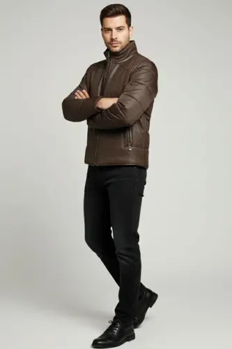 Kahve James Yaka Kürk Arka Beden ve Kollar Kapitone Kumaş Fermuarlı Astarsız Erkek Hakiki Deri Mont-Kahverengi - 4