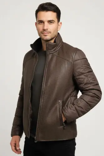 Kahve James Yaka Kürk Arka Beden ve Kollar Kapitone Kumaş Fermuarlı Astarsız Erkek Hakiki Deri Mont-Kahverengi - 5