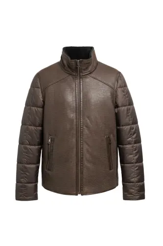 Kahve James Yaka Kürk Arka Beden ve Kollar Kapitone Kumaş Fermuarlı Astarsız Erkek Hakiki Deri Mont-Kahverengi - 6