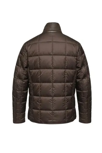 Kahve James Yaka Kürk Arka Beden ve Kollar Kapitone Kumaş Fermuarlı Astarsız Erkek Hakiki Deri Mont-Kahverengi - 7