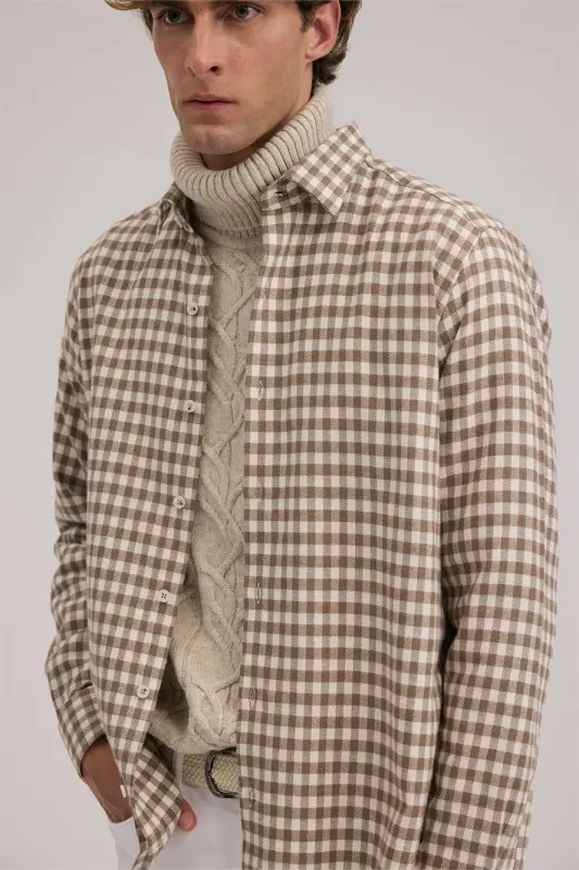 Kahve Classic Fit Kareli %100 Pamuk Gömlek - 3