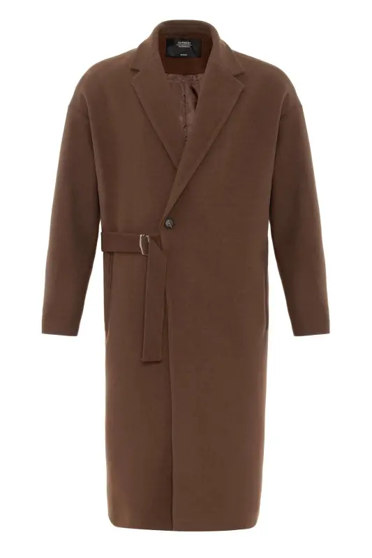 Kahve Kuşaklı Oversize Erkek Kaban-Kahve - ANTIOCH