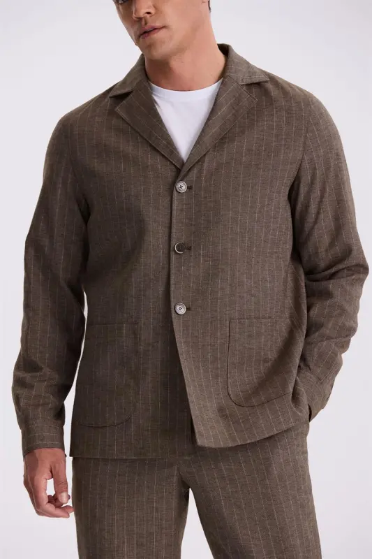 Kahve Slim Fit Apaş Yaka Keten Karışımlı Çift Yırtmaçlı Çizgili Takım Elbise - 3