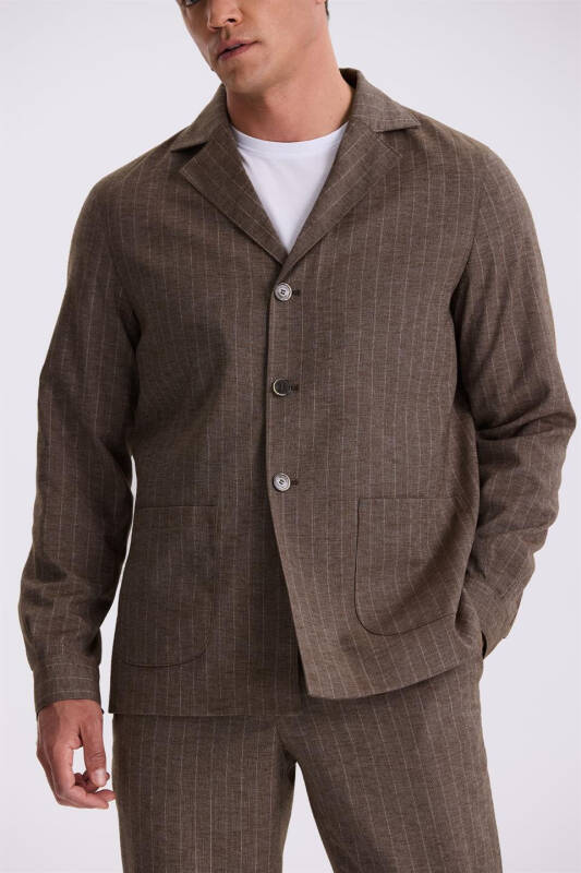 Kahve Slim Fit Apaş Yaka Keten Karışımlı Çift Yırtmaçlı Çizgili Takım Elbise - 3