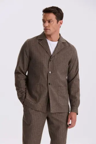 Kahve Slim Fit Apaş Yaka Keten Karışımlı Çift Yırtmaçlı Çizgili Takım Elbise - JAKAMEN (1)