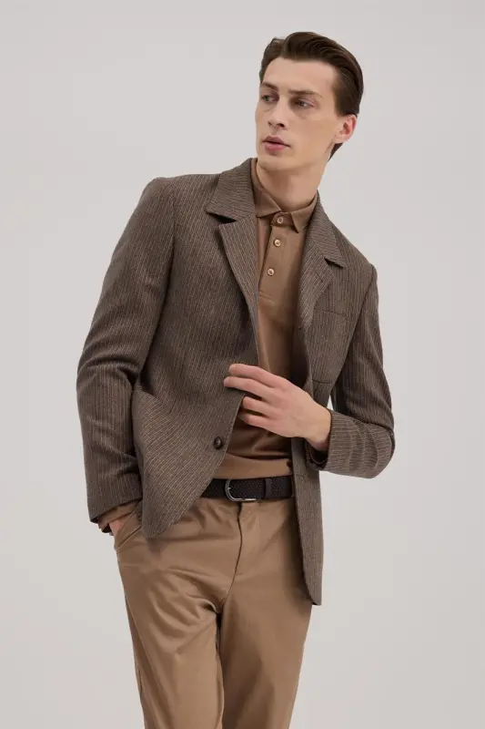 Kahve Slim Fit Berberi Yaka Çizgili Ceket - 2