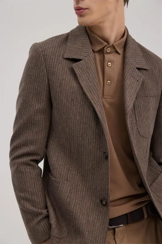 Kahve Slim Fit Berberi Yaka Çizgili Ceket - 3