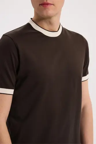 Kahve Slim Fit Bisiklet Yaka %100 Pamuk T-Shirt - 3