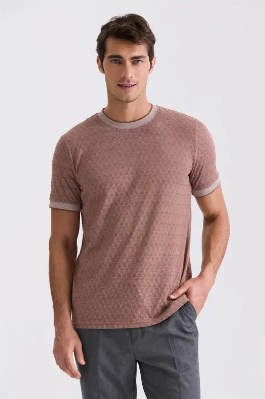 Kahve Slim Fit Bisiklet Yaka T-Shirt - 1