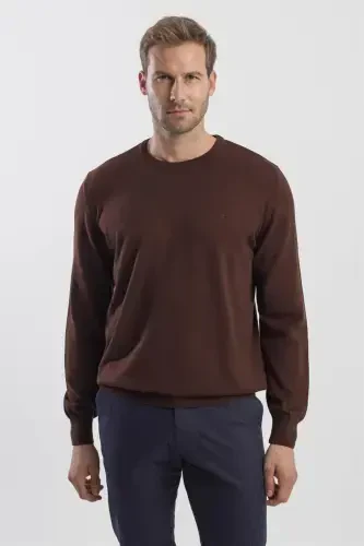 Kahve Slim Fit Bisiklet Yaka Triko Kazak 