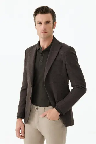 Kahve Slim Fit Ceket Sivri Yaka Ekoseli Ceket - Jakamen (1)