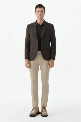 Kahve Slim Fit Ceket Sivri Yaka Ekoseli Ceket - 1
