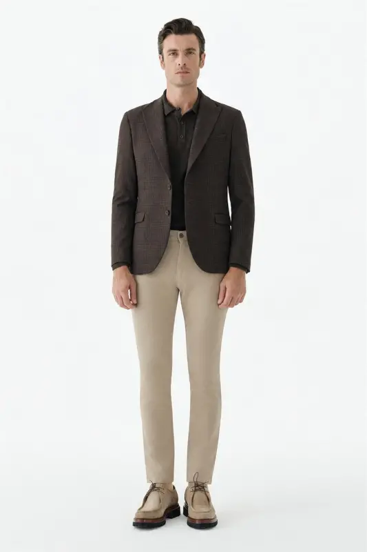 Kahve Slim Fit Ceket Sivri Yaka Ekoseli Ceket - 1