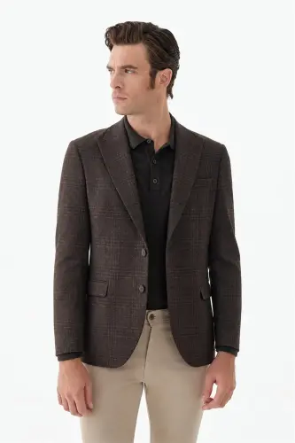 Kahve Slim Fit Ceket Sivri Yaka Ekoseli Ceket - 3