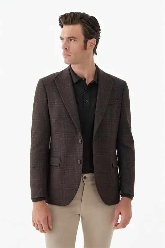 Kahve Slim Fit Ceket Sivri Yaka Ekoseli Ceket - 3