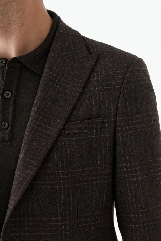 Kahve Slim Fit Ceket Sivri Yaka Ekoseli Ceket - 4
