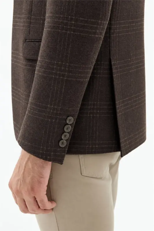 Kahve Slim Fit Ceket Sivri Yaka Ekoseli Ceket - 5