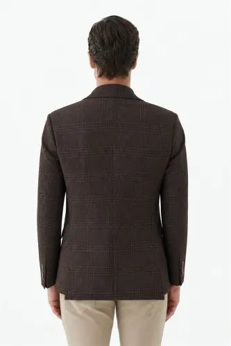Kahve Slim Fit Ceket Sivri Yaka Ekoseli Ceket - 6