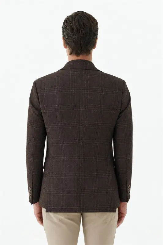 Kahve Slim Fit Ceket Sivri Yaka Ekoseli Ceket - 6