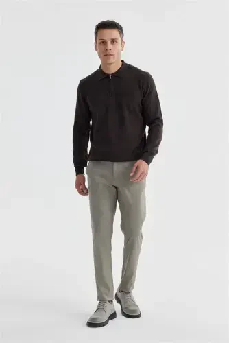 Kahve Slim Fit Pamuklu Desenli Fermuarlı Polo Yaka Triko Kazak 