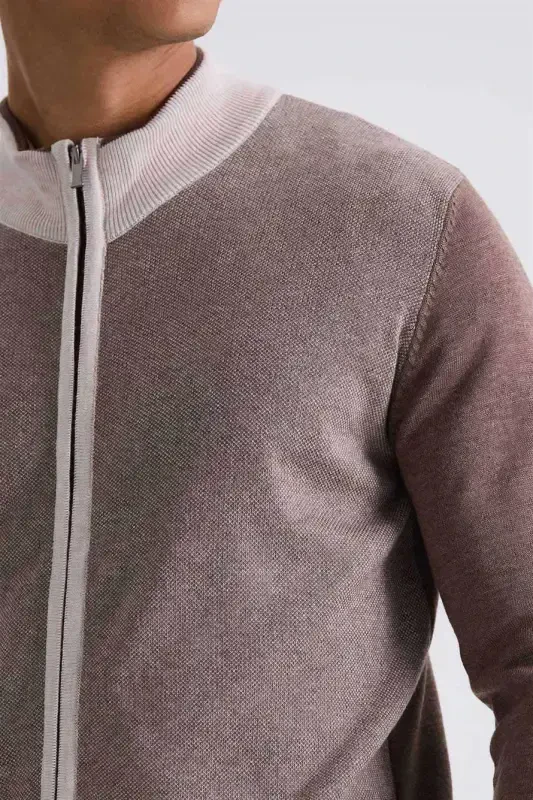 Kahve Slim Fit Fermuarlı Triko Hırka - 3