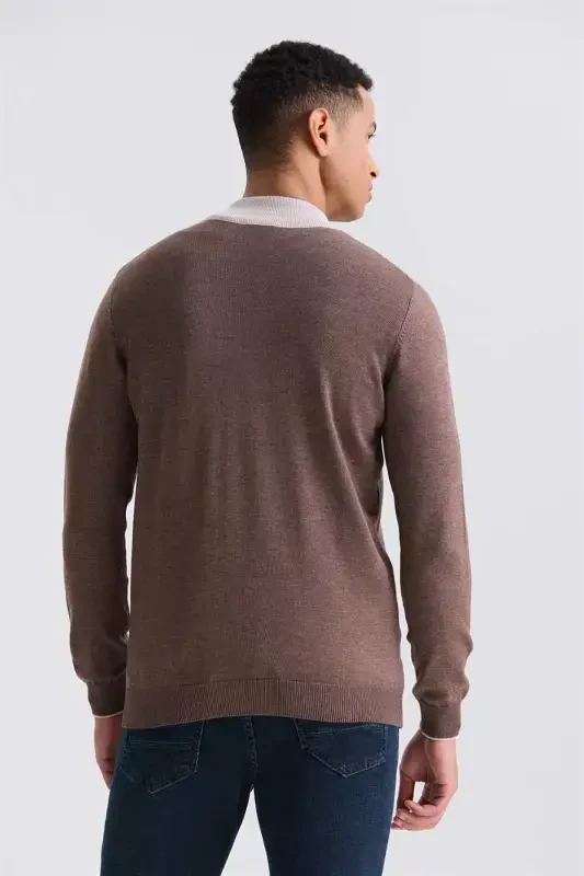Kahve Slim Fit Fermuarlı Triko Hırka - 4