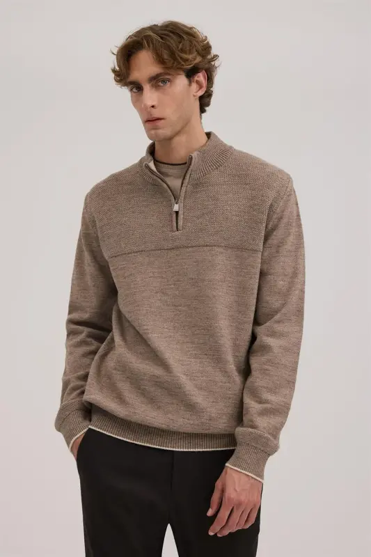 Kahve Slim Fit Fermuarlı Triko Kazak - JAKAMEN