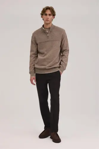 Kahve Slim Fit Fermuarlı Triko Kazak - 2