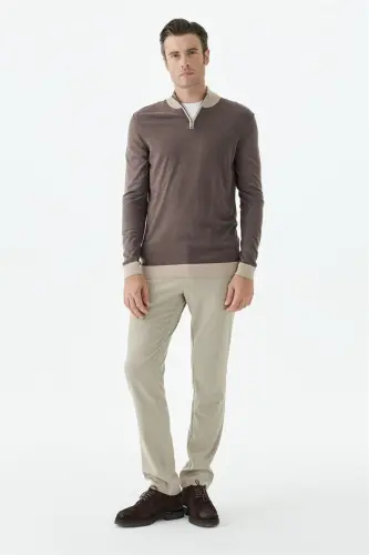 Kahve Slim Fit Fermuarlı Triko Yünlü Kazak - 1