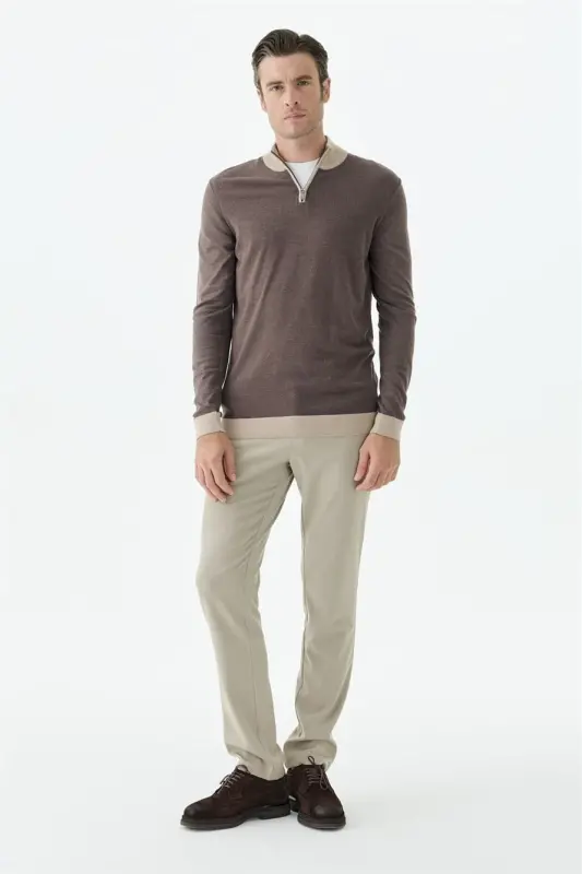 Kahve Slim Fit Fermuarlı Triko Yünlü Kazak - 1