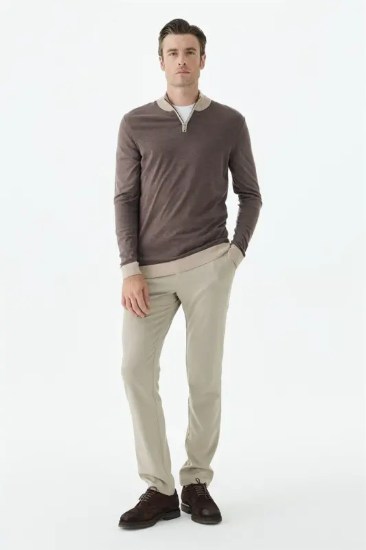 Kahve Slim Fit Fermuarlı Triko Yünlü Kazak - 2