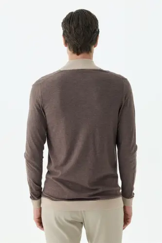 Kahve Slim Fit Fermuarlı Triko Yünlü Kazak - 5