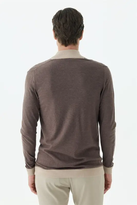 Kahve Slim Fit Fermuarlı Triko Yünlü Kazak - 5