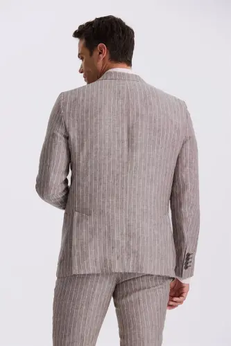 Kahve Slim Fit Kırlangıç Yaka Çift Yırtmaçlı %100 Keten Spor Takım Elbise 