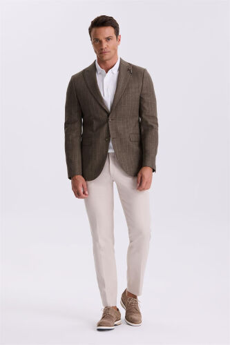 Kahve Slim Fit Kırlangıç Yaka Çizgili Keten Pamuk Mevsimlik Ceket - Modazone (1)