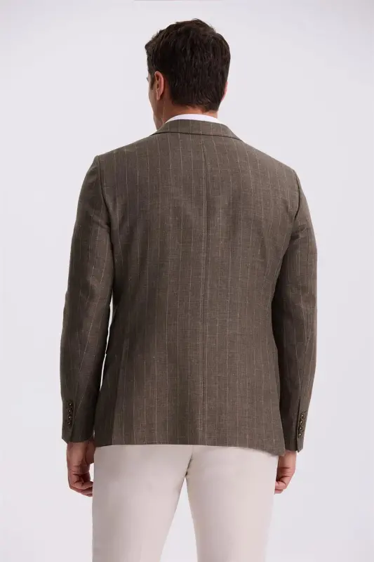 Kahve Slim Fit Kırlangıç Yaka Çizgili Keten Pamuk Mevsimlik Ceket - 4