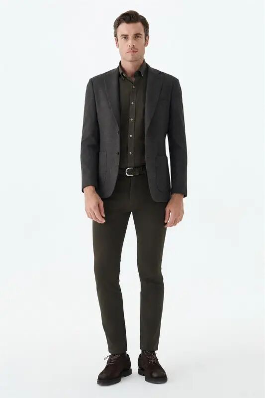 Kahve Slim Fit Mono Yaka Desenli Ceket - Jakamen