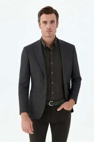 Kahve Slim Fit Mono Yaka Desenli Ceket - Jakamen (1)