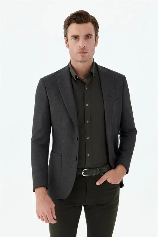 Kahve Slim Fit Mono Yaka Desenli Ceket - 2