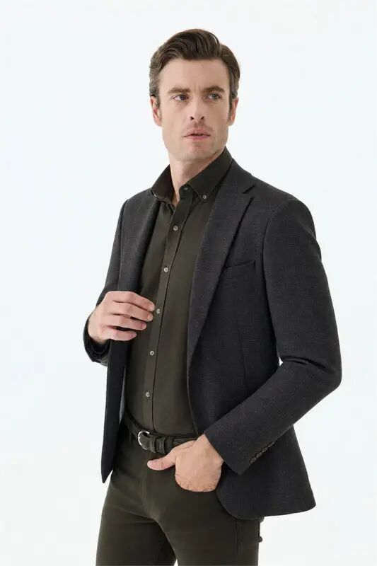 Kahve Slim Fit Mono Yaka Desenli Ceket - 3