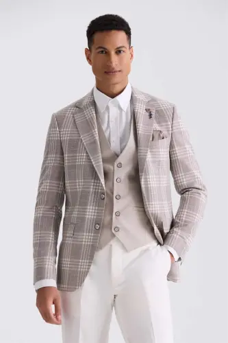 Kahve Slim Fit Mono Yaka Kareli Kombinli Yelekli Takım Elbise 
