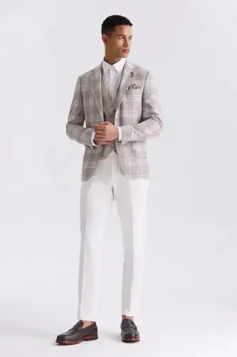 Kahve Slim Fit Mono Yaka Kareli Kombinli Yelekli Takım Elbise - JAKAMEN (1)