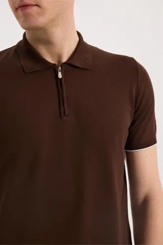 Kahve Slim Fit Triko Fermualı Polo Yaka T-Shirt - 3