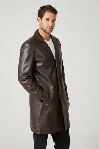 Kahve Tarkan Düğmeli Astarlı Trençkot Erkek Hakiki Deri Kaban-KAHVE - 3