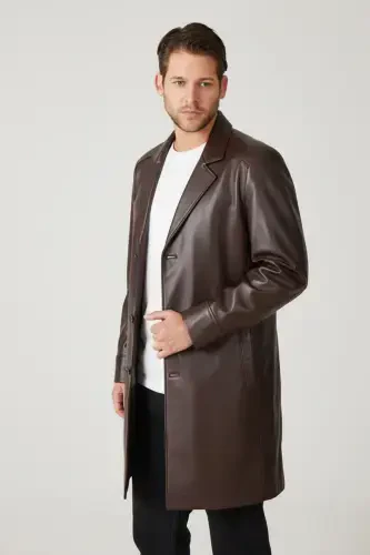 Kahve Tarkan Düğmeli Astarlı Trençkot Erkek Hakiki Deri Kaban-KAHVE - 5