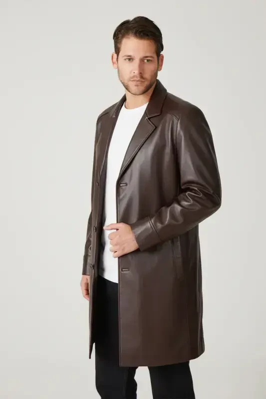 Kahve Tarkan Düğmeli Astarlı Trençkot Erkek Hakiki Deri Kaban-KAHVE - 5