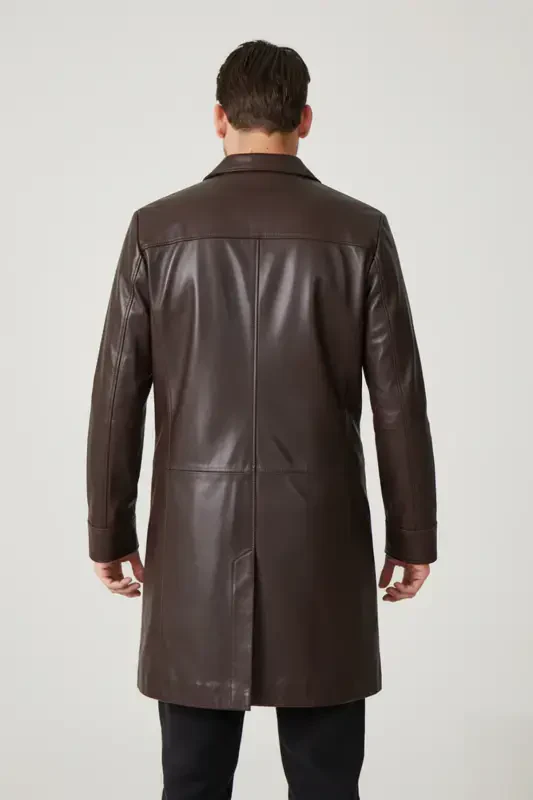 Kahve Tarkan Düğmeli Astarlı Trençkot Erkek Hakiki Deri Kaban-KAHVE - 6