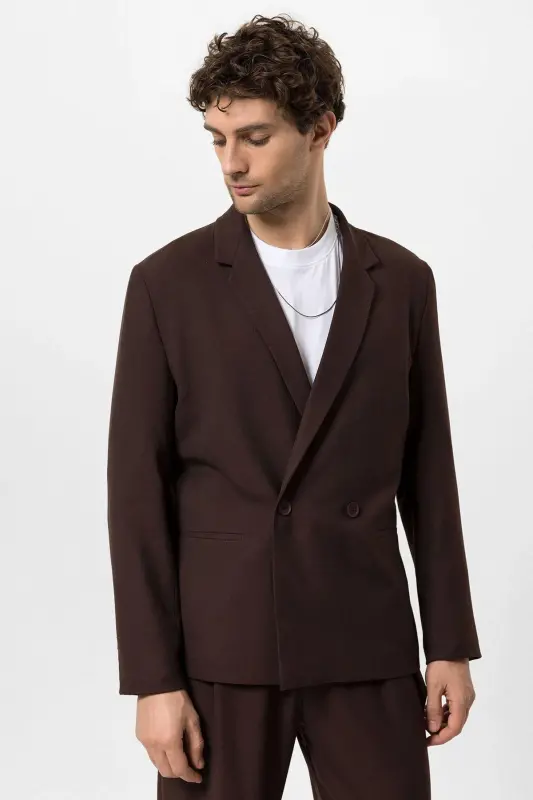 Kahve Tek Düğme Kruvaze Kapama Erkek Blazer Ceket-Kahve - 2