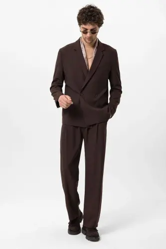 Kahve Tek Düğme Kruvaze Kapama Erkek Blazer Ceket-Kahve - 3